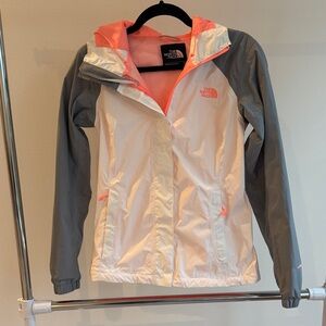 The North Face Coral, Gray, and White hooded jacket